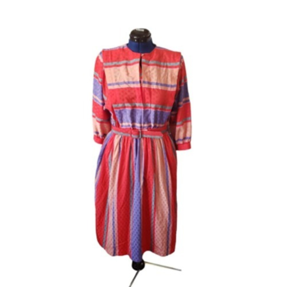 Jackie Taub Womens Dress Multicolor Striped Belted Midi 3/4 Sleeve size 14 AA178